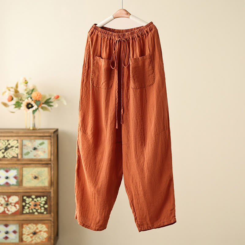 Buddha Stonesカジュアル 無地 シワデザイン ドローストリング 9丈 コットンリネン レディース ワイドレッグパンツ ポケット付き - ダークオレンジ - US8-10，UK/AU12-14，EU40-42 (2XL) - image 0