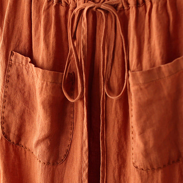 Buddha Stonesカジュアル 無地 シワデザイン ドローストリング 9丈 コットンリネン レディース ワイドレッグパンツ ポケット付き - image 4