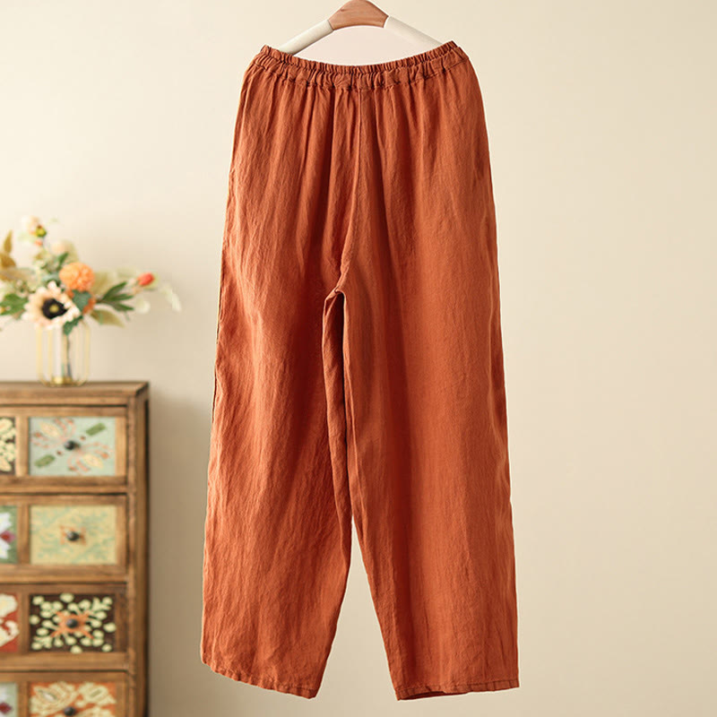 Buddha Stonesカジュアル 無地 シワデザイン ドローストリング 9丈 コットンリネン レディース ワイドレッグパンツ ポケット付き - image 1
