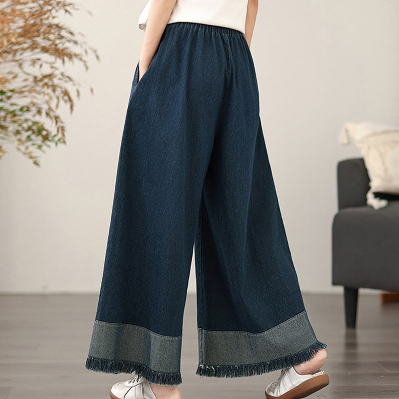 Buddha Stones春のヴィンテージ風ダメージ加工タッセルデザインレディースワイドレッグパンツ（ポケット付き） - image 1