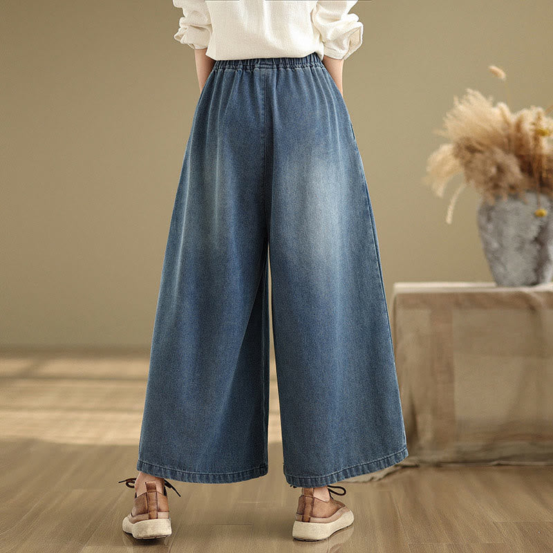 Buddha Stones秋冬 ヴィンテージ風 ダメージ加工 ハイウエスト レディース ワイドレッグパンツ ポケット付き - image 1