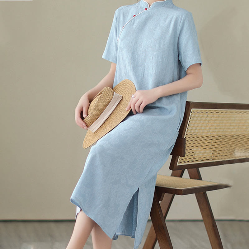 Buddha Stonesの純色半袖ジャカード中国チャイナドレス、ポケット付き - image 11