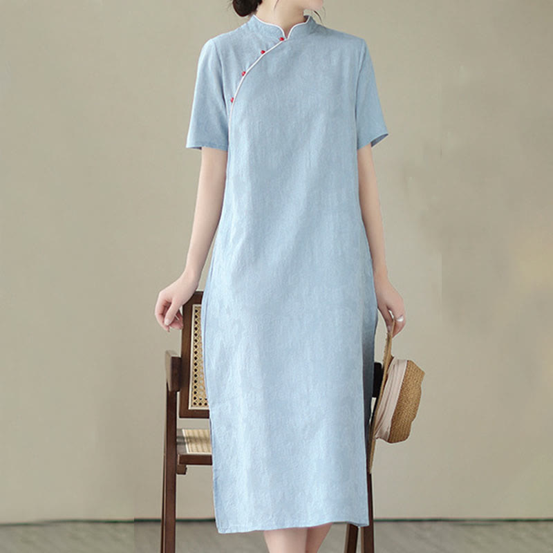 Buddha Stonesの純色半袖ジャカード中国チャイナドレス、ポケット付き - image 10