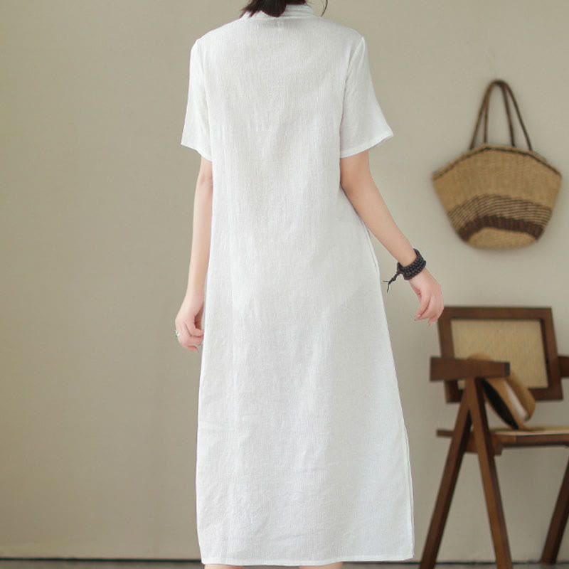 Buddha Stonesの純色半袖ジャカード中国チャイナドレス、ポケット付き - image 1