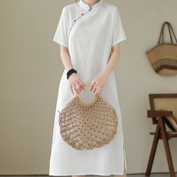 Buddha Stonesの純色半袖ジャカード中国チャイナドレス、ポケット付き - image 4