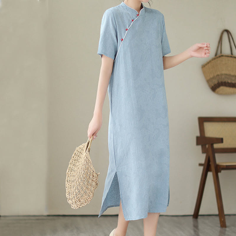 Buddha Stonesの純色半袖ジャカード中国チャイナドレス、ポケット付き - image 9