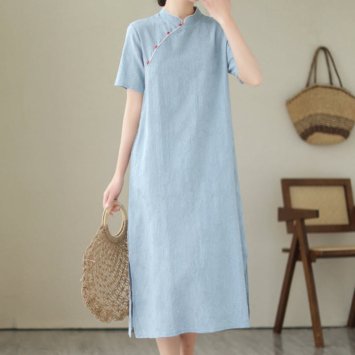 Buddha Stonesの純色半袖ジャカード中国チャイナドレス、ポケット付き - image 7