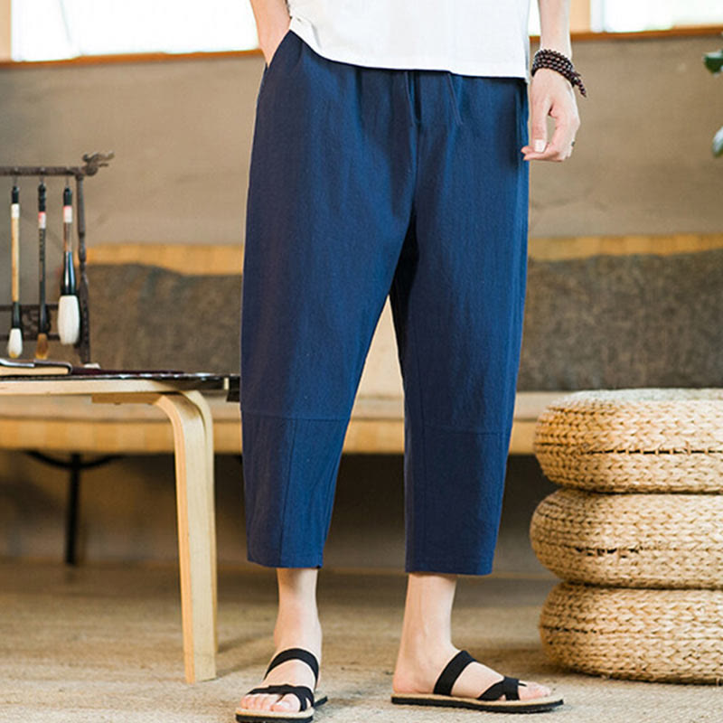 Buddha Stonesシンプルデザイン ドローストリング コットンリネン メンズ 無地 ハーレムパンツ ポケット付き - image 30