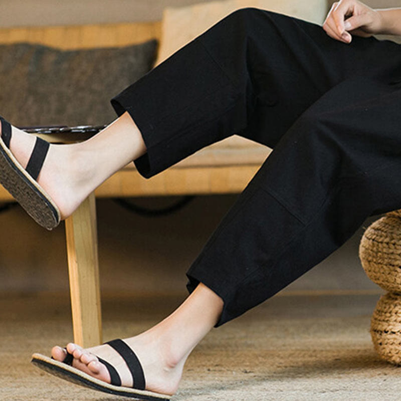 Buddha Stonesシンプルデザイン ドローストリング コットンリネン メンズ 無地 ハーレムパンツ ポケット付き - image 17