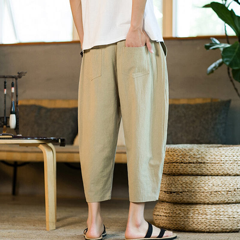 Buddha Stonesシンプルデザイン ドローストリング コットンリネン メンズ 無地 ハーレムパンツ ポケット付き - image 3