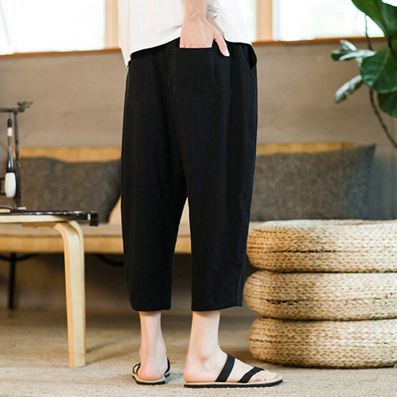 Buddha Stonesシンプルデザイン ドローストリング コットンリネン メンズ 無地 ハーレムパンツ ポケット付き - image 11