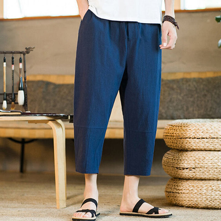 Buddha Stonesシンプルデザイン ドローストリング コットンリネン メンズ 無地 ハーレムパンツ ポケット付き - image 30