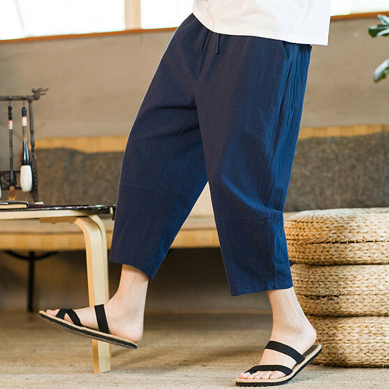 Buddha Stonesシンプルデザイン ドローストリング コットンリネン メンズ 無地 ハーレムパンツ ポケット付き - image 34