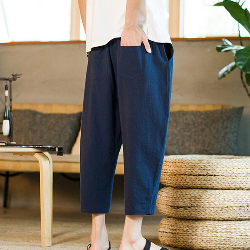 Buddha Stonesシンプルデザイン ドローストリング コットンリネン メンズ 無地 ハーレムパンツ ポケット付き - image 31