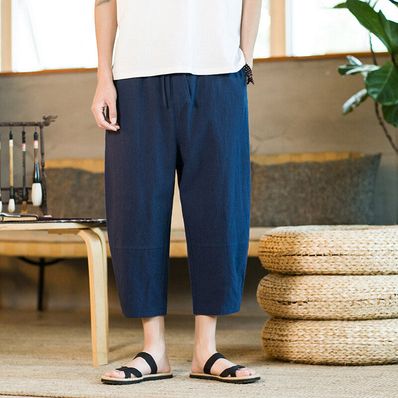 Buddha Stonesシンプルデザイン ドローストリング コットンリネン メンズ 無地 ハーレムパンツ ポケット付き - image 32