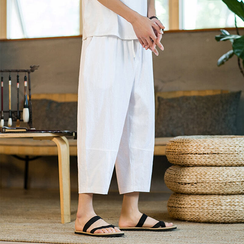 Buddha Stonesシンプルデザイン ドローストリング コットンリネン メンズ 無地 ハーレムパンツ ポケット付き - image 25