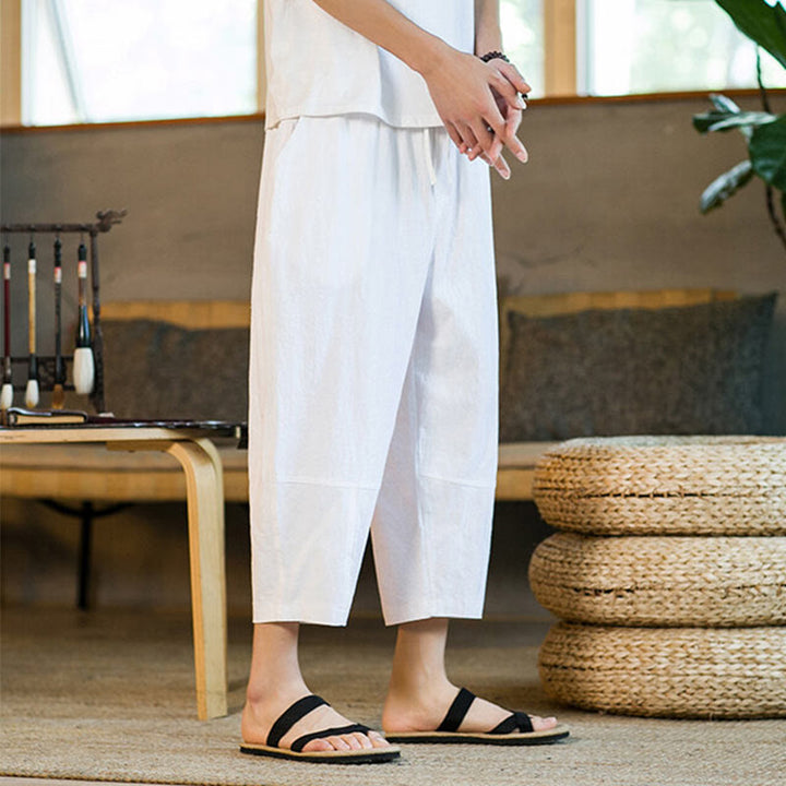 Buddha Stonesシンプルデザイン ドローストリング コットンリネン メンズ 無地 ハーレムパンツ ポケット付き - image 25