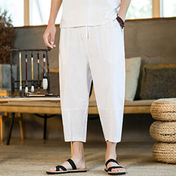 Buddha Stonesシンプルデザイン ドローストリング コットンリネン メンズ 無地 ハーレムパンツ ポケット付き - image 22