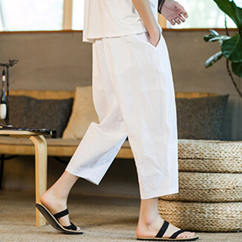 Buddha Stonesシンプルデザイン ドローストリング コットンリネン メンズ 無地 ハーレムパンツ ポケット付き - image 24