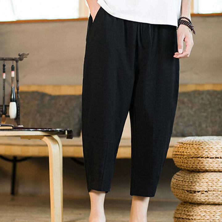 Buddha Stonesシンプルデザイン ドローストリング コットンリネン メンズ 無地 ハーレムパンツ ポケット付き - image 13