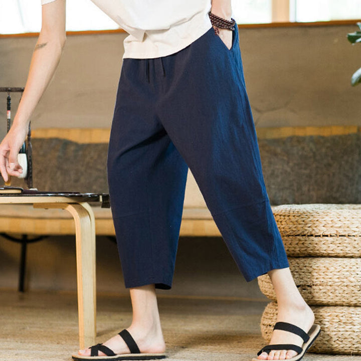 Buddha Stonesシンプルデザイン ドローストリング コットンリネン メンズ 無地 ハーレムパンツ ポケット付き - image 35