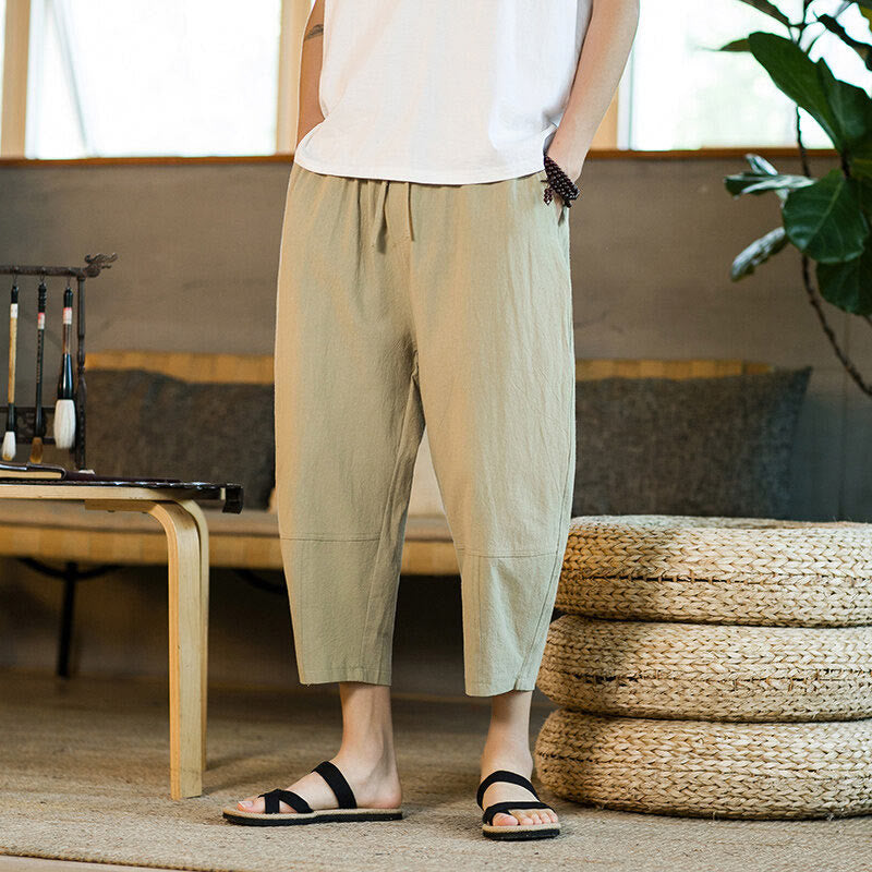 Buddha Stonesシンプルデザイン ドローストリング コットンリネン メンズ 無地 ハーレムパンツ ポケット付き - image 2