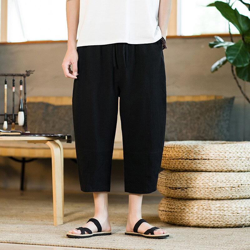 Buddha Stonesシンプルデザイン ドローストリング コットンリネン メンズ 無地 ハーレムパンツ ポケット付き - 黒 - US/UK/AU46、 EU56 (5XL) - image 9