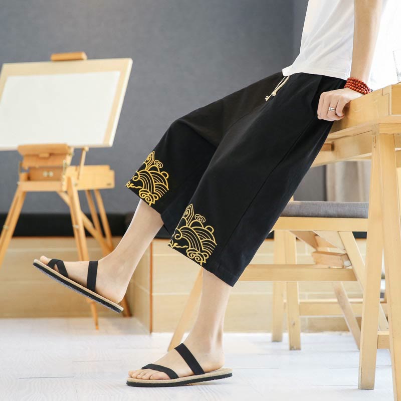 Buddha Stones春 カジュアル 刺繍 ドローストリング メンズ 7-8丈 コットンリネン ハーレムパンツ ポケット付き - image 7