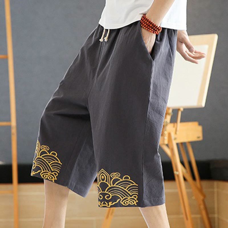 Buddha Stones春 カジュアル 刺繍 ドローストリング メンズ 7-8丈 コットンリネン ハーレムパンツ ポケット付き - image 15