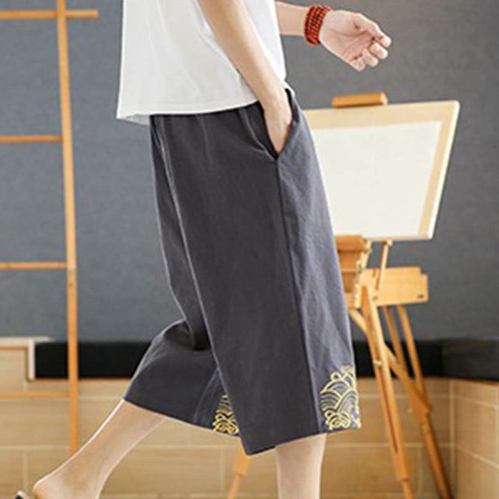 Buddha Stones春 カジュアル 刺繍 ドローストリング メンズ 7-8丈 コットンリネン ハーレムパンツ ポケット付き - image 10