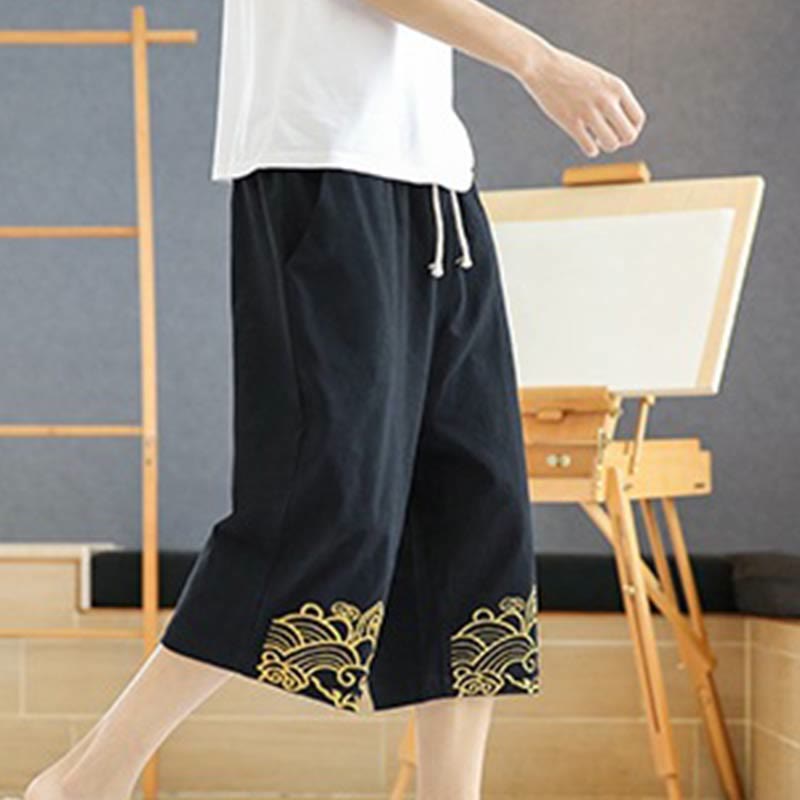 Buddha Stones春 カジュアル 刺繍 ドローストリング メンズ 7-8丈 コットンリネン ハーレムパンツ ポケット付き - image 4