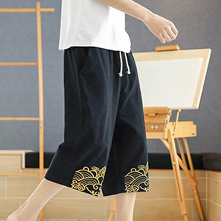 Buddha Stones春 カジュアル 刺繍 ドローストリング メンズ 7-8丈 コットンリネン ハーレムパンツ ポケット付き - image 4