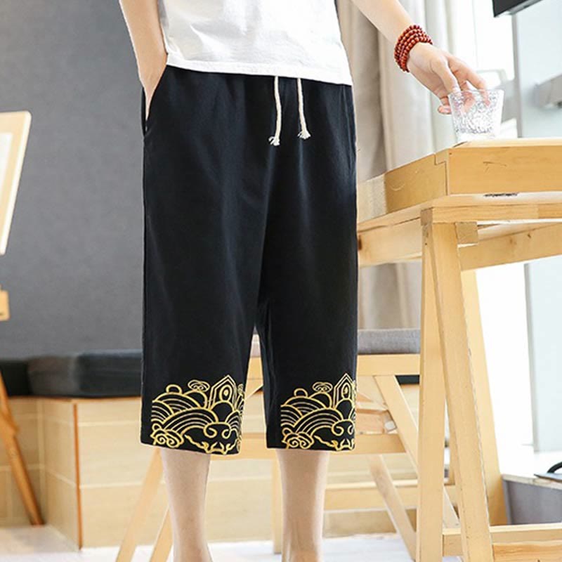 Buddha Stones春 カジュアル 刺繍 ドローストリング メンズ 7-8丈 コットンリネン ハーレムパンツ ポケット付き - image 1