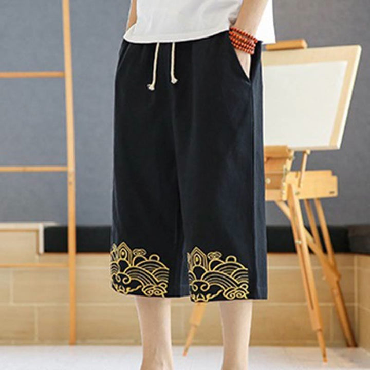 Buddha Stones春 カジュアル 刺繍 ドローストリング メンズ 7-8丈 コットンリネン ハーレムパンツ ポケット付き - image 3