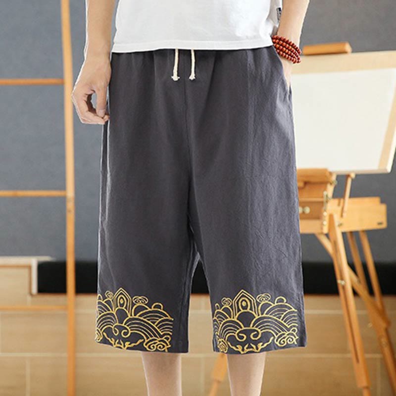 Buddha Stones春 カジュアル 刺繍 ドローストリング メンズ 7-8丈 コットンリネン ハーレムパンツ ポケット付き - スレートグレー - US/UK/AU46、 EU56 (5XL) - image 8