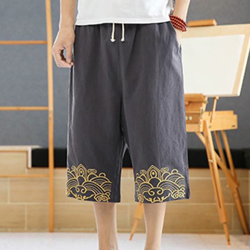 Buddha Stones春 カジュアル 刺繍 ドローストリング メンズ 7-8丈 コットンリネン ハーレムパンツ ポケット付き - image 16