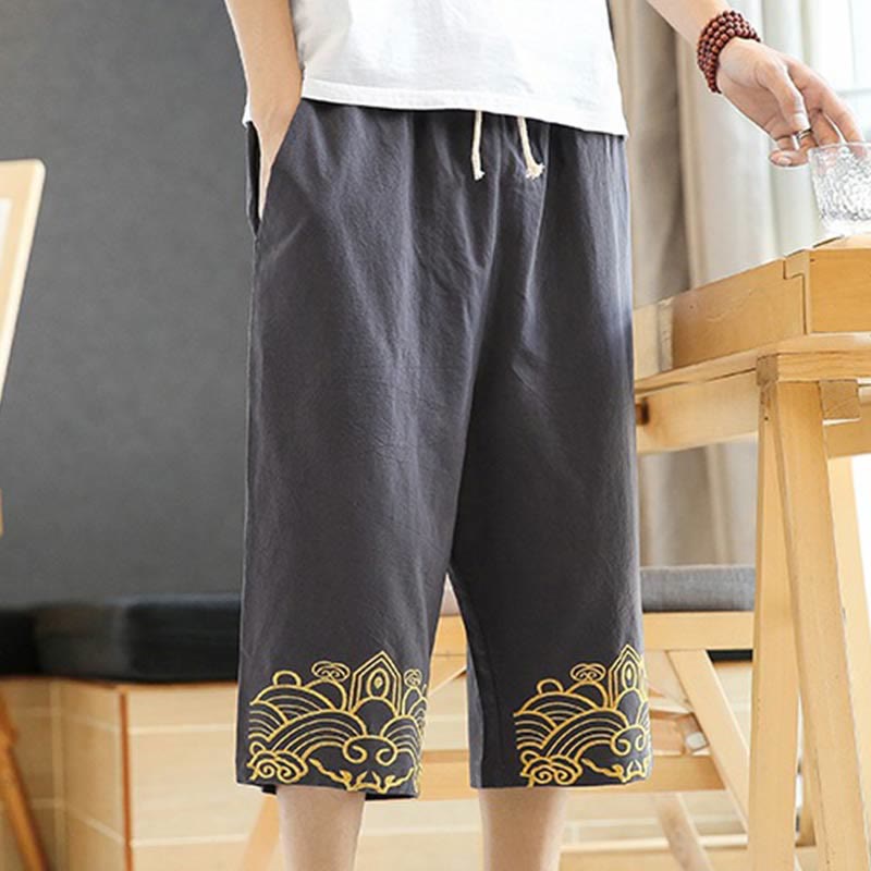 Buddha Stones春 カジュアル 刺繍 ドローストリング メンズ 7-8丈 コットンリネン ハーレムパンツ ポケット付き - image 11
