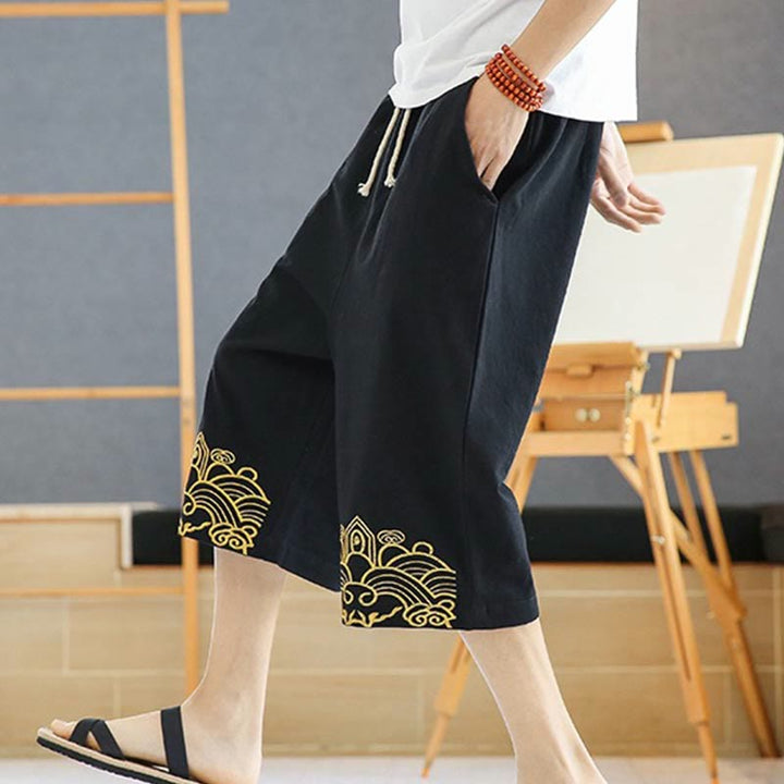 Buddha Stones春 カジュアル 刺繍 ドローストリング メンズ 7-8丈 コットンリネン ハーレムパンツ ポケット付き - image 5