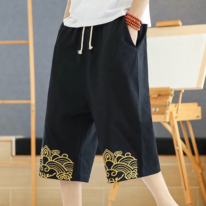 Buddha Stones春 カジュアル 刺繍 ドローストリング メンズ 7-8丈 コットンリネン ハーレムパンツ ポケット付き - 黒 - US/UK/AU46、 EU56 (5XL) - image 0