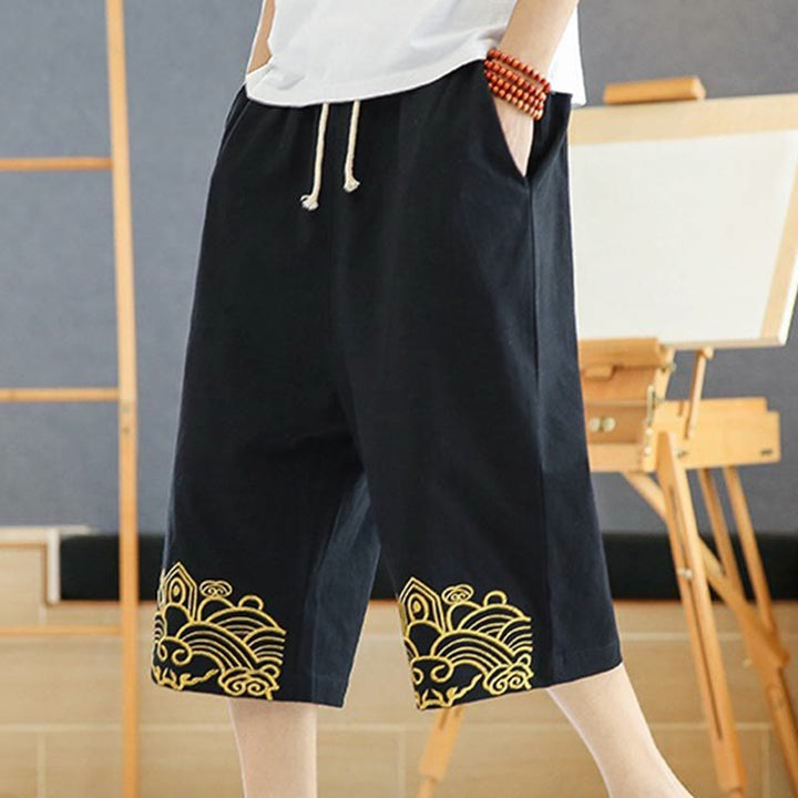 Buddha Stones春 カジュアル 刺繍 ドローストリング メンズ 7-8丈 コットンリネン ハーレムパンツ ポケット付き - 黒 - US/UK/AU46、 EU56 (5XL) - image 0