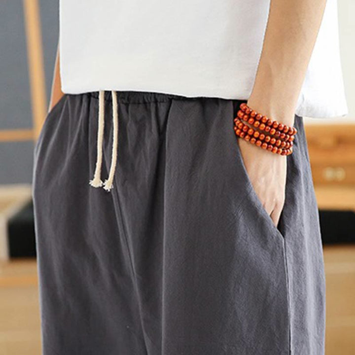 Buddha Stones春 カジュアル 刺繍 ドローストリング メンズ 7-8丈 コットンリネン ハーレムパンツ ポケット付き - image 12