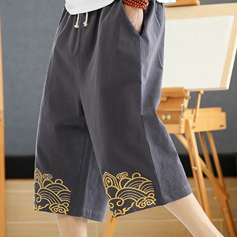 Buddha Stones春 カジュアル 刺繍 ドローストリング メンズ 7-8丈 コットンリネン ハーレムパンツ ポケット付き - image 9