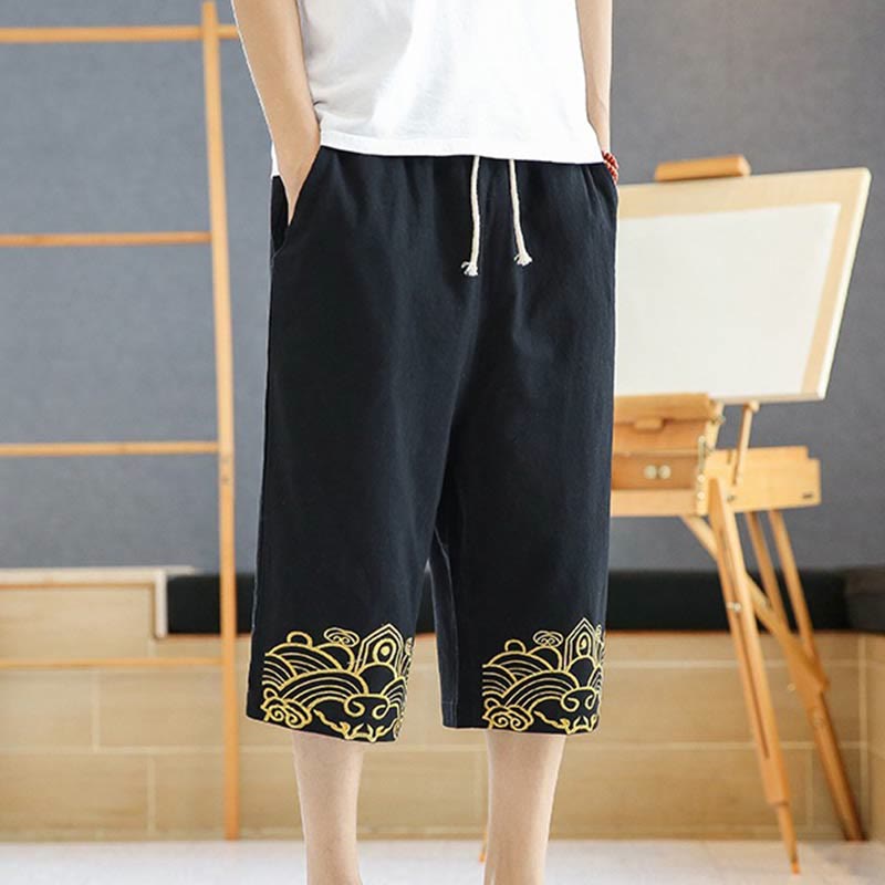 Buddha Stones春 カジュアル 刺繍 ドローストリング メンズ 7-8丈 コットンリネン ハーレムパンツ ポケット付き - image 14