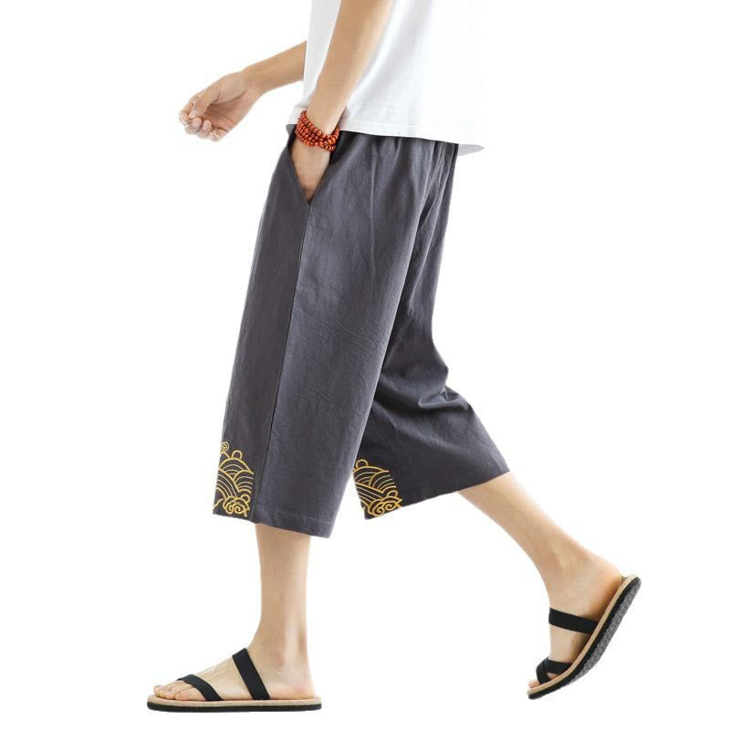 Buddha Stones春 カジュアル 刺繍 ドローストリング メンズ 7-8丈 コットンリネン ハーレムパンツ ポケット付き - image 22