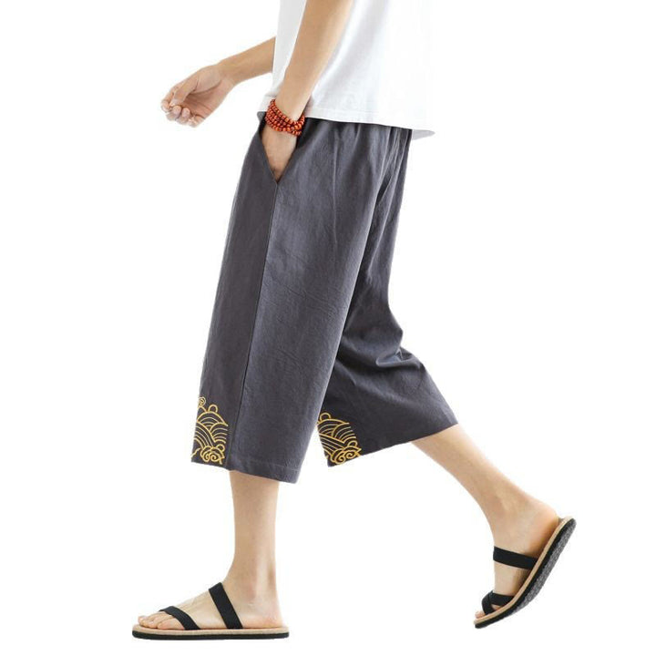 Buddha Stones春 カジュアル 刺繍 ドローストリング メンズ 7-8丈 コットンリネン ハーレムパンツ ポケット付き - image 22