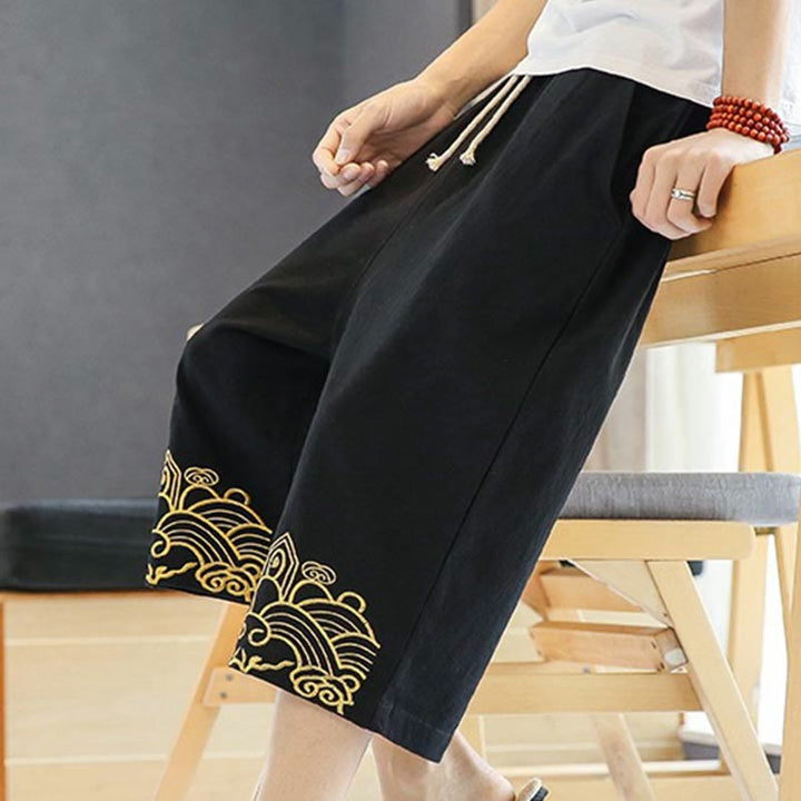 Buddha Stones春 カジュアル 刺繍 ドローストリング メンズ 7-8丈 コットンリネン ハーレムパンツ ポケット付き - image 6