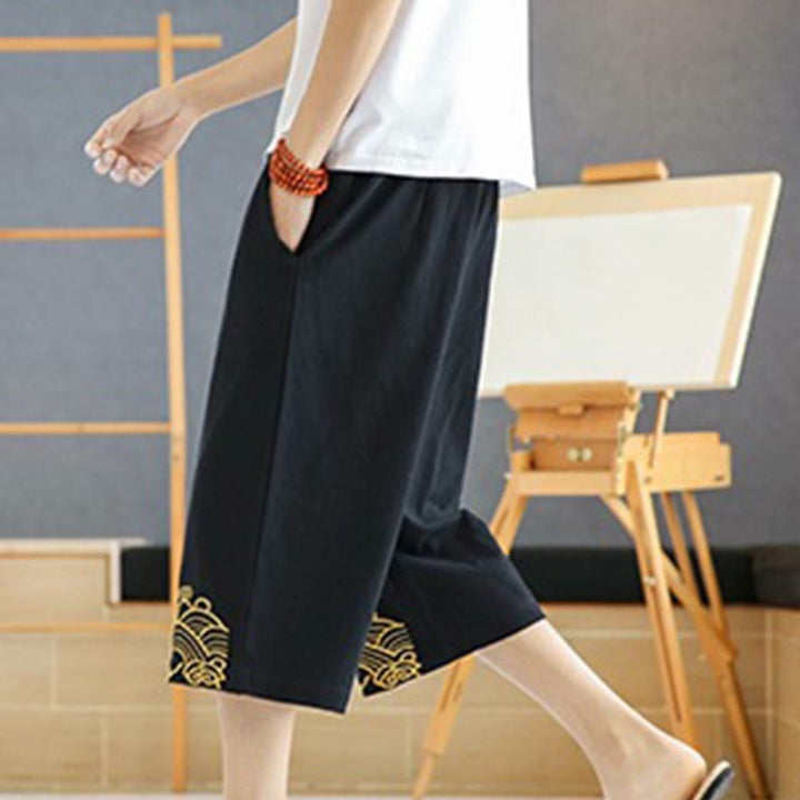 Buddha Stones春 カジュアル 刺繍 ドローストリング メンズ 7-8丈 コットンリネン ハーレムパンツ ポケット付き - image 2