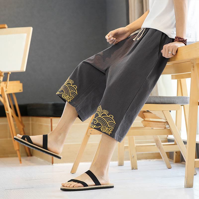 Buddha Stones春 カジュアル 刺繍 ドローストリング メンズ 7-8丈 コットンリネン ハーレムパンツ ポケット付き - image 18