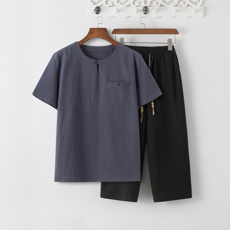 Buddha Stones夏 2点セット 無地 半袖 Tシャツ 7-8丈パンツ コットンリネン タンスーツ メンズ 瞑想用 布セット ポケット付き - スレートグレーのTシャツとブラックのパンツ - US/UK/AU46、 EU56 (5XL) - image 12