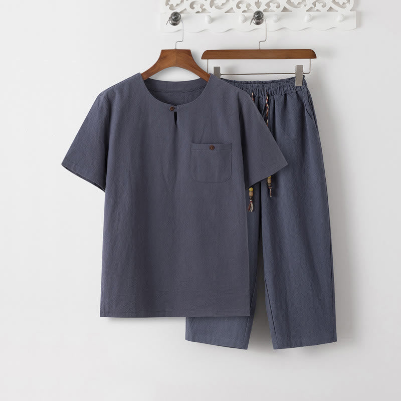 Buddha Stones夏 2点セット 無地 半袖 Tシャツ 7-8丈パンツ コットンリネン タンスーツ メンズ 瞑想用 布セット ポケット付き - スレートグレーのTシャツとスレートグレーのパンツ - US/UK/AU46、 EU56 (5XL) - image 1